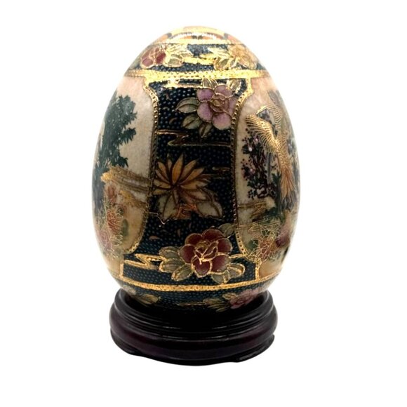 Vintage Satsuma Hand Painted Porcelain Egg Peacock & Floral Gilded 5" - Picture 5 of 7